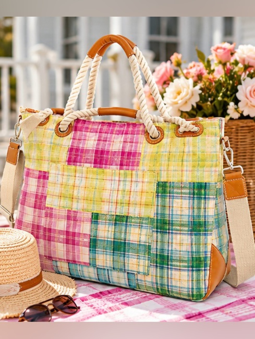 Oversized Patchwork Plaid Beach Tote Rope Handle Preppy Coastal Beach Bag